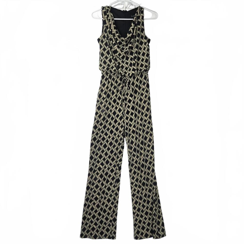 Enfocus Studio Stylish Black & Cream V-Neck Sleeveless Geometric Jumpsuit Size 4